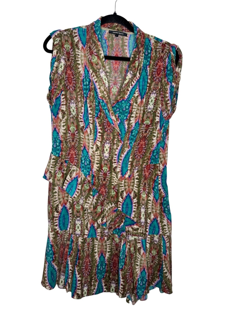 NANETTE LEPORE / brown blue pink tie dye ruffle 100% silk dress / 8